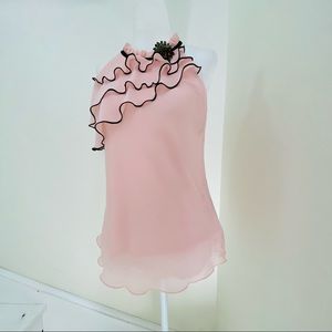 Macy's BCX Lt Pink Sleeveless Ruffles Black Trim Blouse (size M)